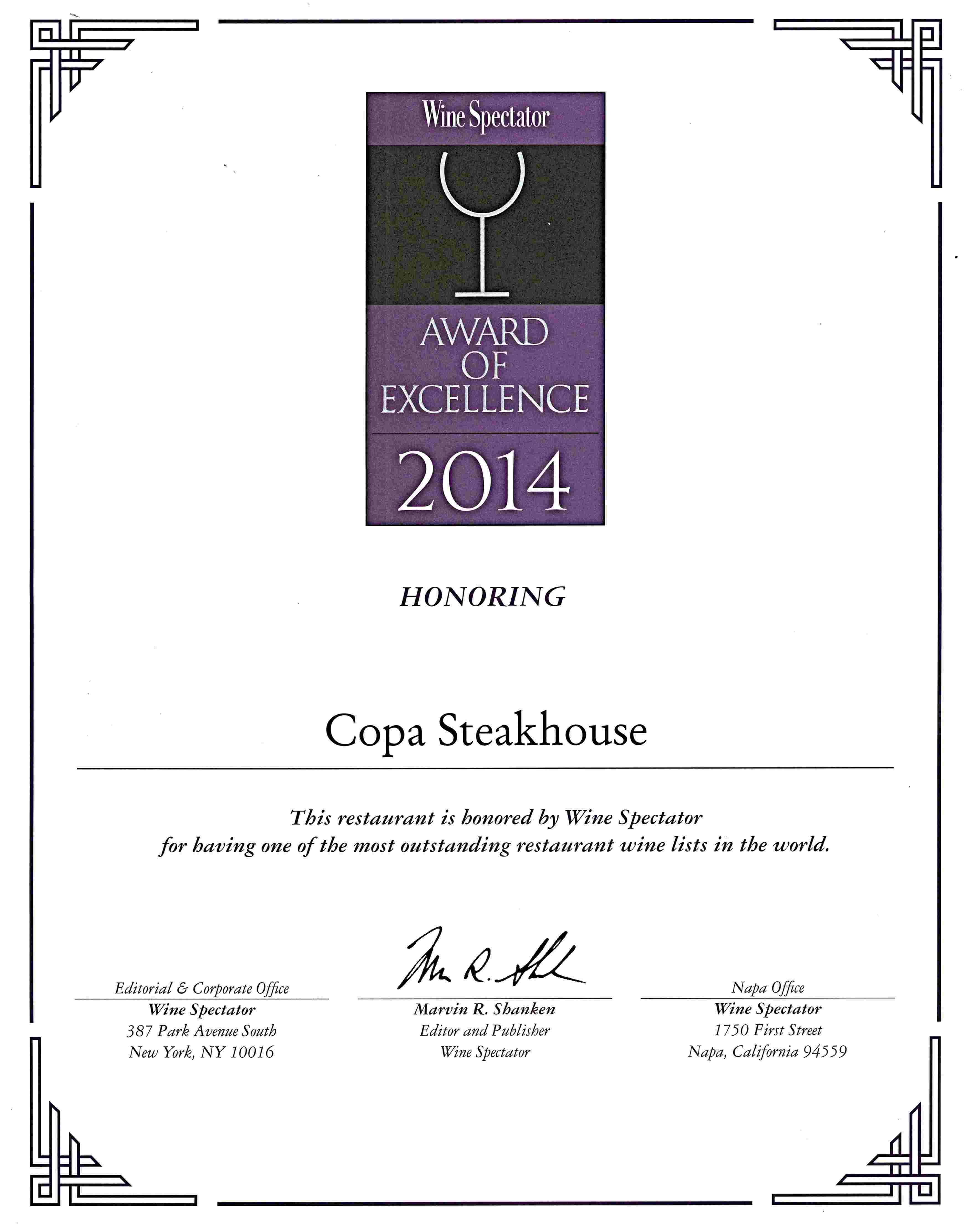 Copa Steakhouse - Wine Spectator List Awards 2014