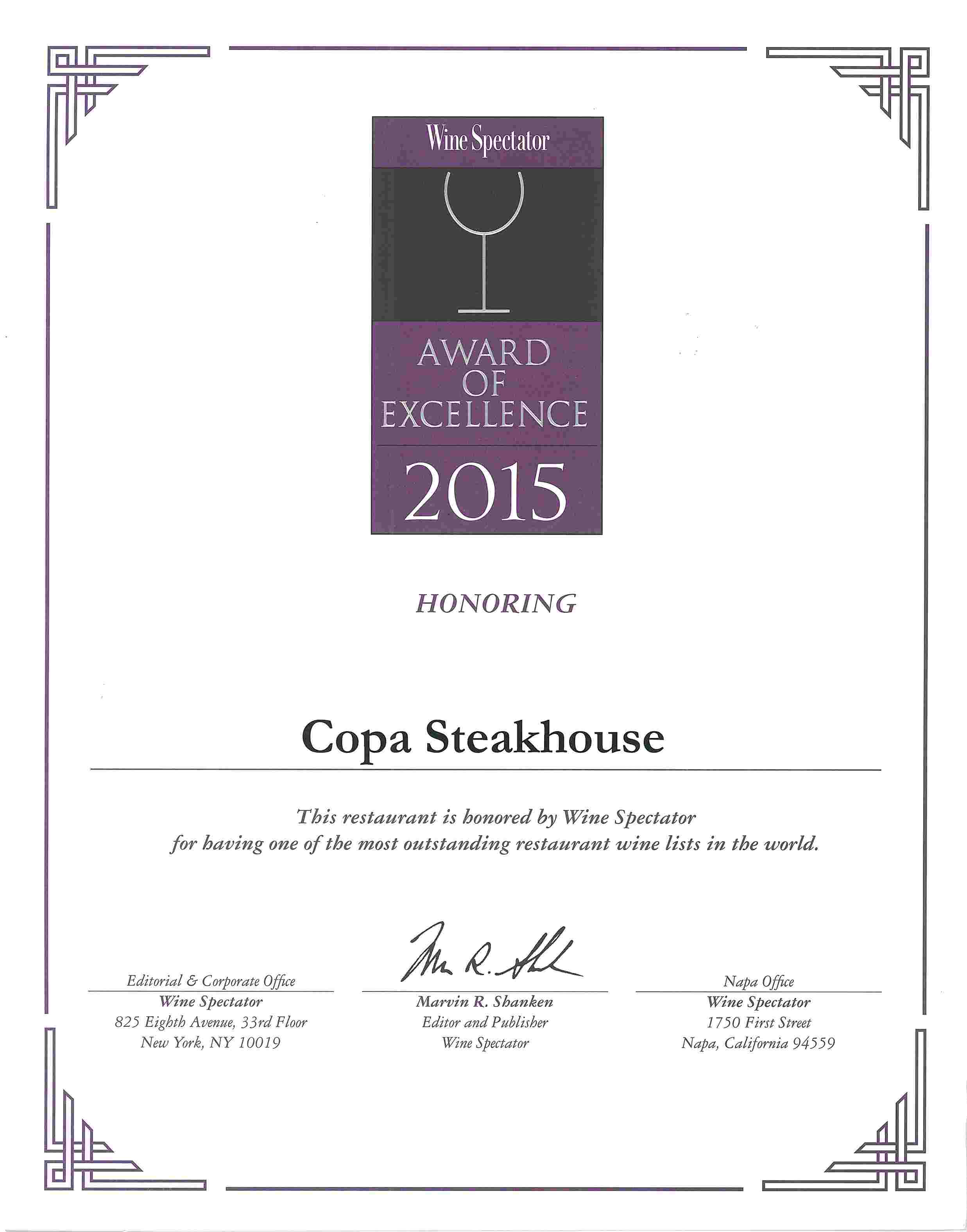 Copa Steakhouse - Wine Spectator List Awards 2015