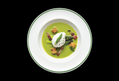 Brasserie Green asparagus and poached egg velouté with lardons