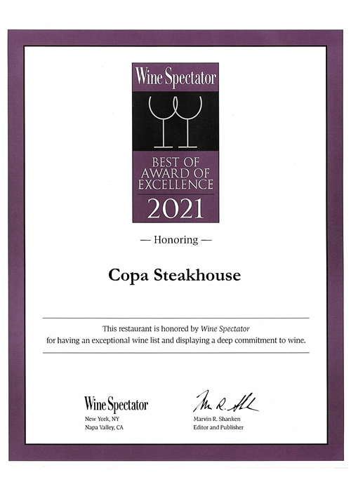 Copa Steakhouse - Wine Spectator Best Of Award Of Excellent 2021